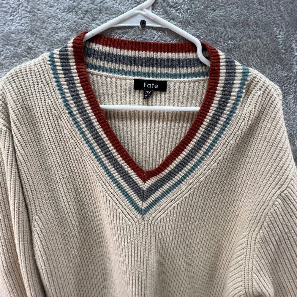Fate Womens 2X Cream Ribbed Knit V-Neck Varsity Stripe Preppy Soft Girl Academia